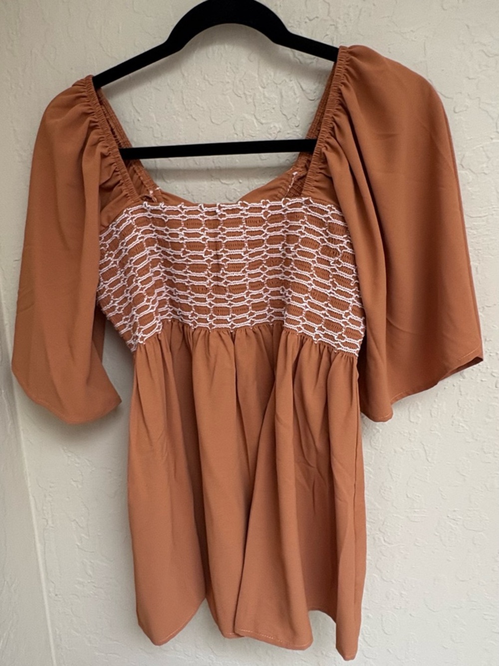Rust Crochet-Panel Peasant Blouse size medium. Never worn
